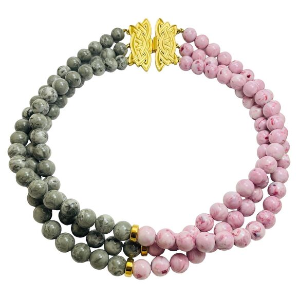 Vintage massive gold pink grey beaded multi strand designer  Vintage massive gold pink grey beaded multi strand designer runway necklace